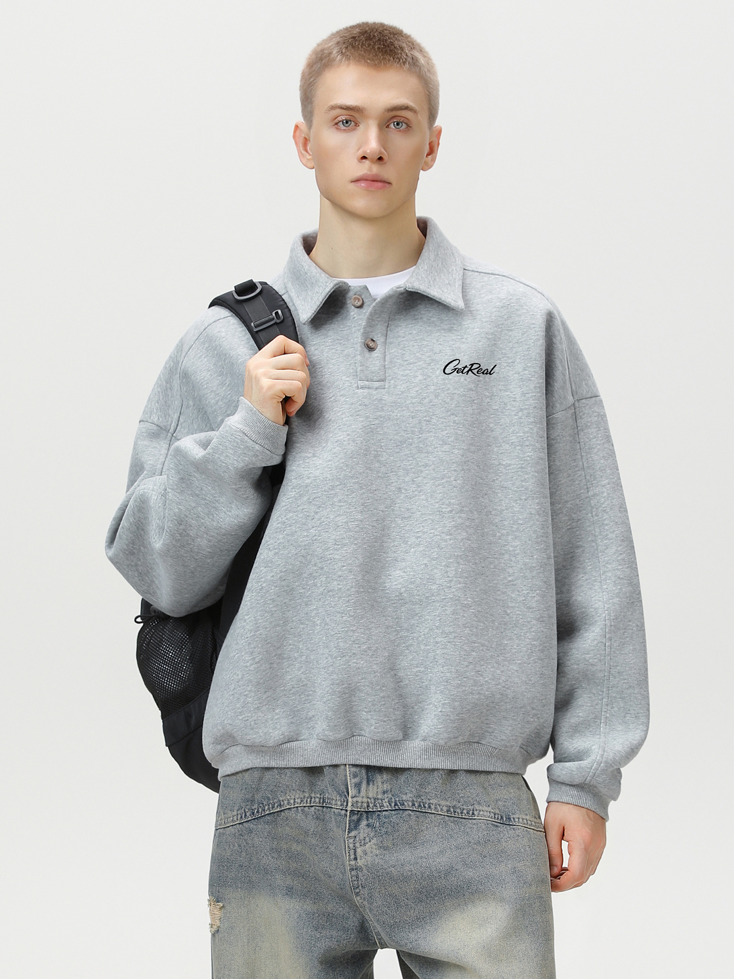 Men’s Heavyweight Polo-Collar Sweatshirt — Letter Graphic, Boxy Cropped Fit, Streetwear Pullover | Fall