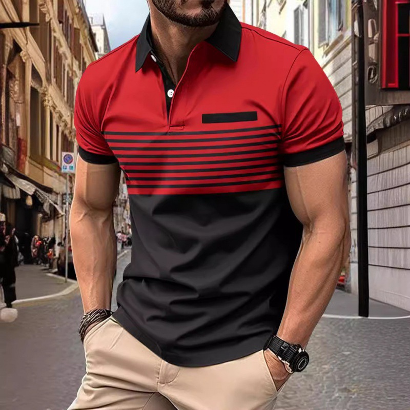 Summer Quick-Selling Polo Shirt Zipper Men's Printed Stripesd Polo Shirt