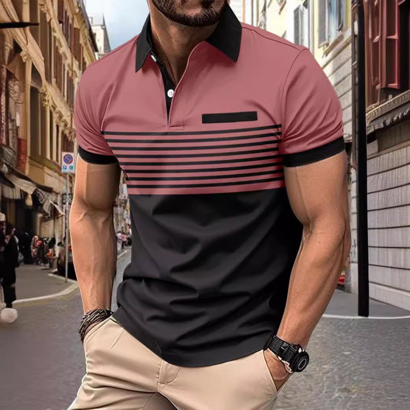 Summer Quick-Selling Polo Shirt Zipper Men's Printed Stripesd Polo Shirt