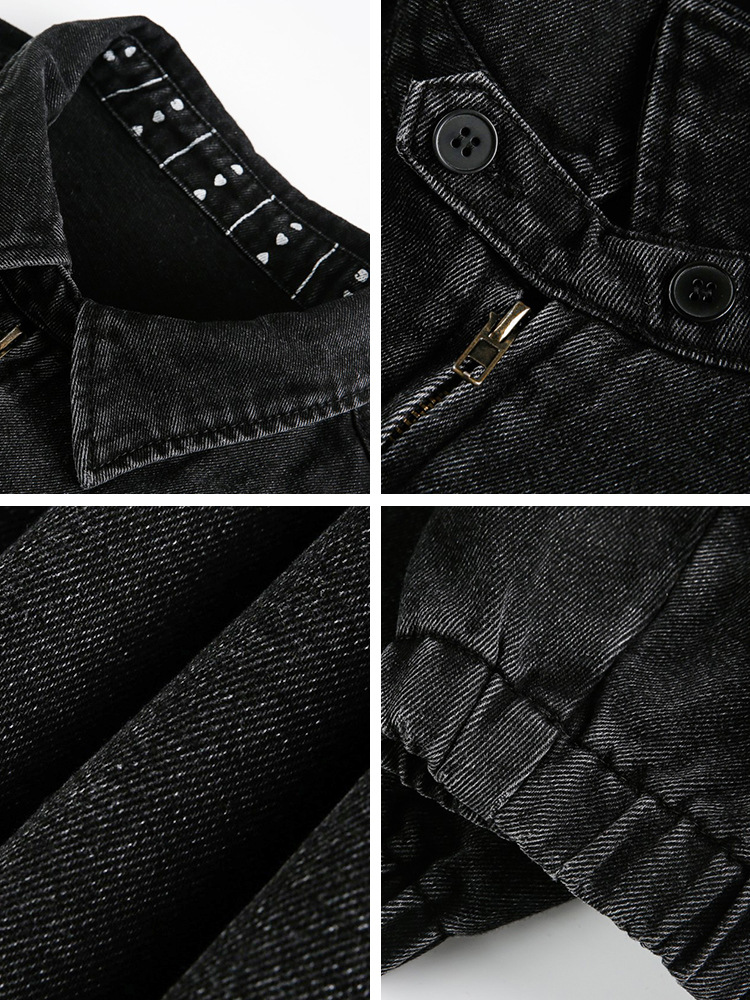 Men’s Washed & Distressed Workwear Denim Jacket — Boxy Cropped Fit, Collar Print, Retro Streetwear | Fall