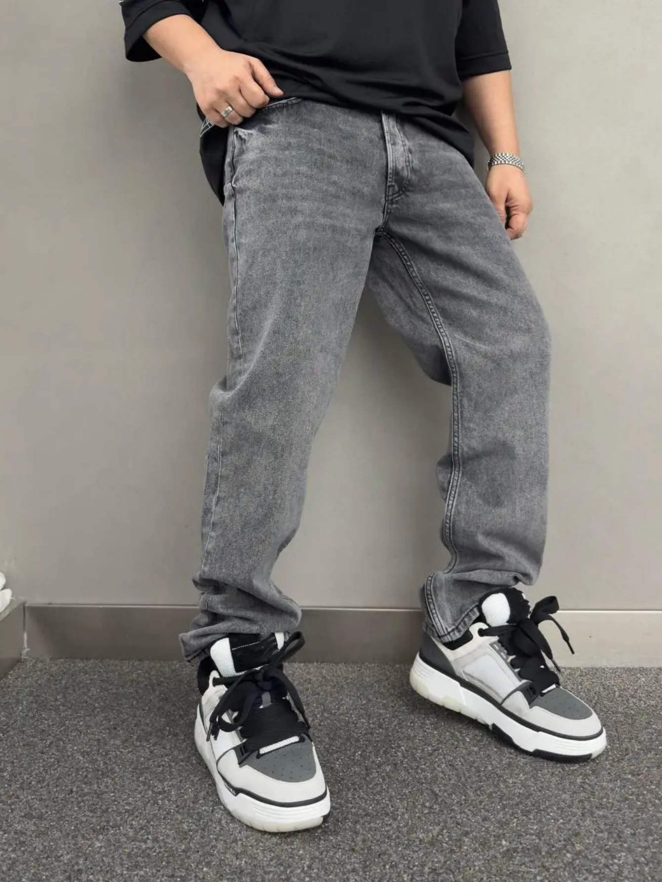 European and American street BIKER JEANS fashion brand Ma ying High Street men's JEANS loose wide leg straight pants men