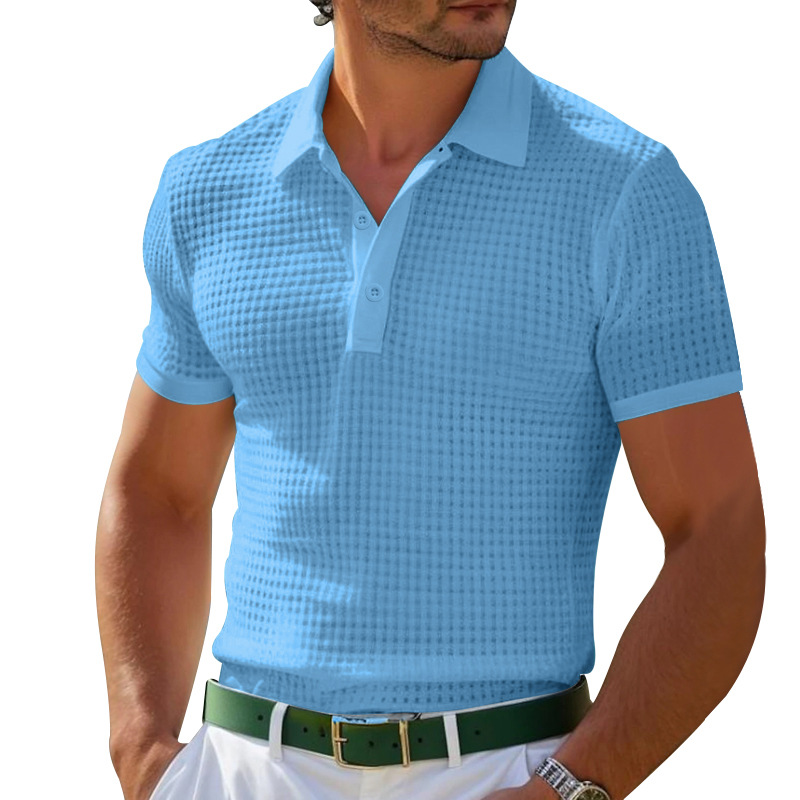 2025 Summer Polo Shirt Button Waffle Men's T-Shirt Sports Polo Shirt