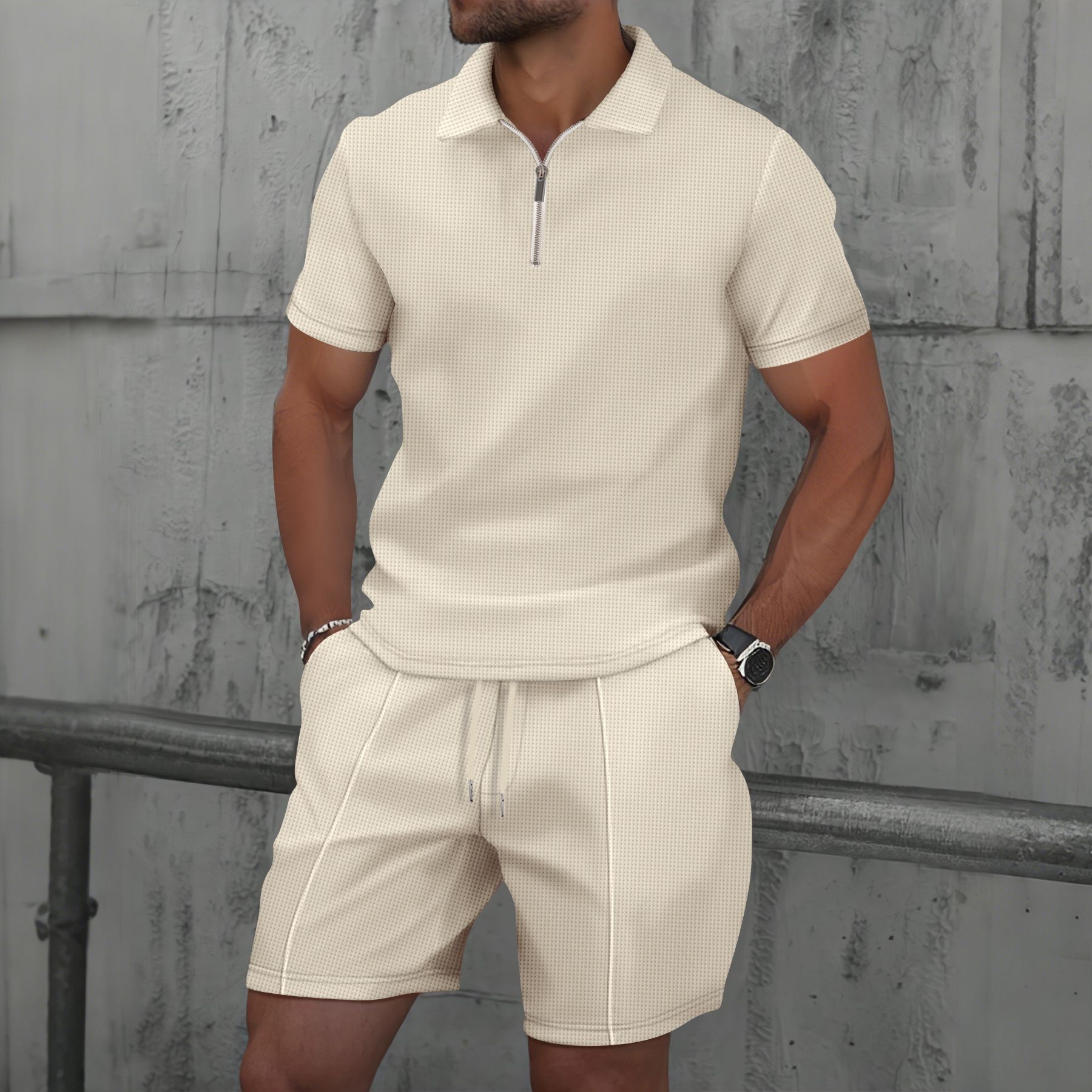2025 cross-border men's European and American AliExpress summer waffle solid color zipper short sleeve suit shorts two-piece suit