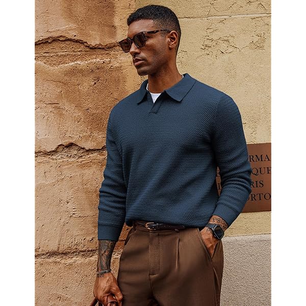 Navy Textured Polo Collar Long-Sleeve Knit Top