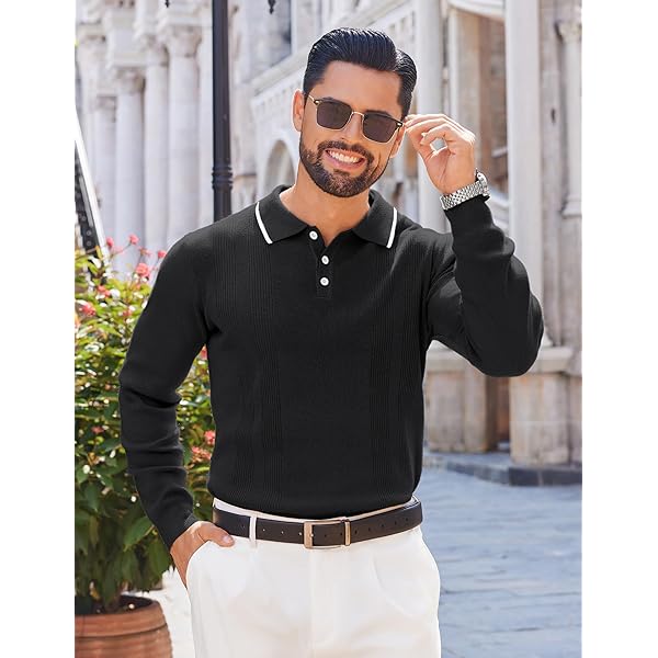 Black Knit Polo Shirt with Contrast Collar (Long-Sleeve)