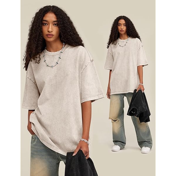 Sand Beige Acid-Wash Oversized Crew Neck Short-Sleeve T-Shirt